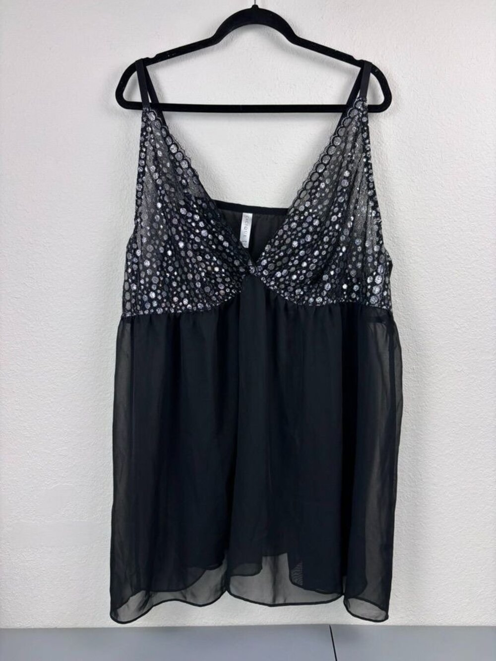 Cacique plus 34/36 black silver lace babydoll‎ chemise slip dress whimsygoth
